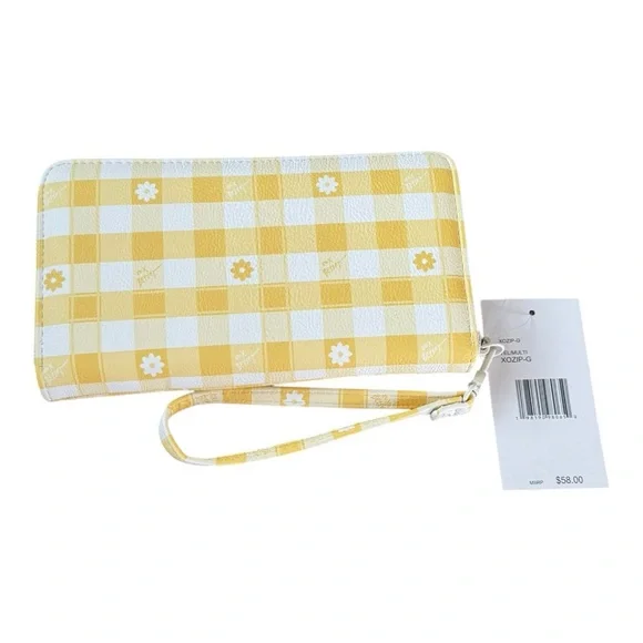 Betsy Johnson Yellow & White Gingham Floral Phone Zip Around Wristlet Wallet - Picture 3 of 6